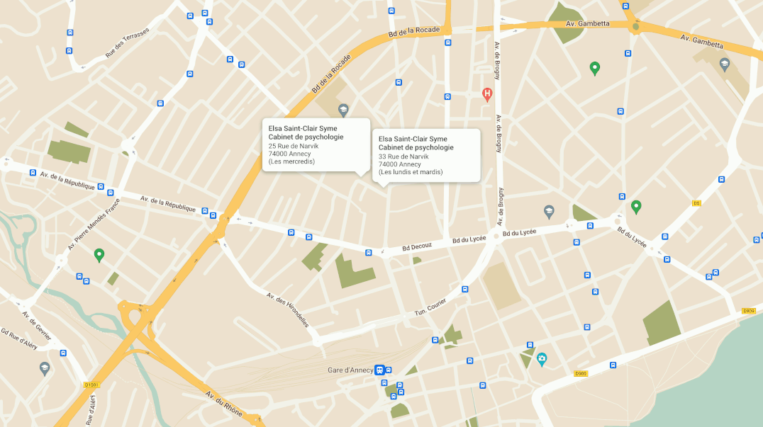 carte d'Annecy avec les emplacements des cabinets de psychlogie